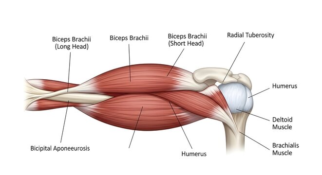 High detailed anatomical medical illustration of biceps brachii long and short heads with brachialis, deltoid, humerus and radial tuberosity labeled, illustrating upper arm flexor mechanism for anatom