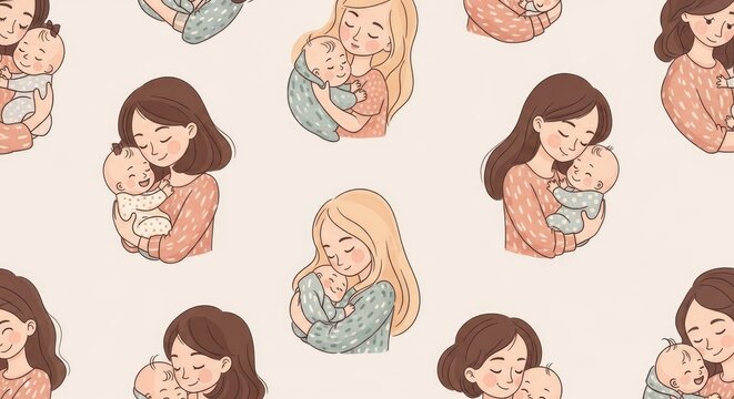 Heartwarming mothers day illustrations of moms and babies in tender embrace