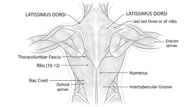 High detailed anatomical drawing of bilateral latissimus dorsi muscles showing thoracolumbar fascia, ribs 10&ndash;12, iliac crest, humerus and intertubercular groove attachments, ideal for back anatomy stu