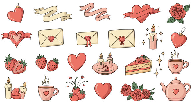 Valentines Day stickers in cute cartoon style with pastel colors on white background for romantic social media posts