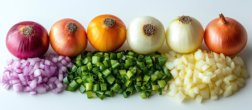 A variety of chopped and whole onions and scallions on a white surface