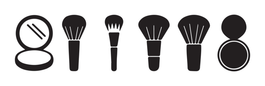 Cosmetic makeup brush set with face powder compact mirror and blush icons in black silhouette
