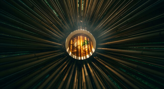 Bamboo structure with a round window reflecting gold and green hues in a dark setting with light rays