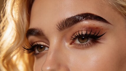 Naklejka premium Attractive blonde with styled eyebrows. Close-up of shaped and tinted brows. Eyebrow grooming trend. Lash lamination and extensions. Beauty model featuring long lashes and brows.