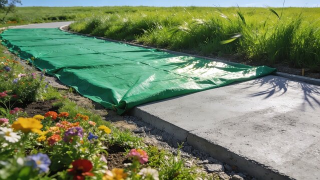 green tarp over the concrete pour for the new road
