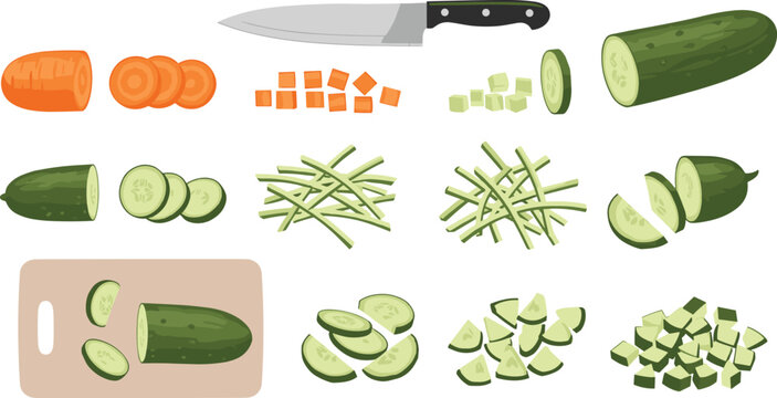 Vegetable cutting process set with cucumber and carrot slicing chopping kitchen preparation steps food vector illustration design