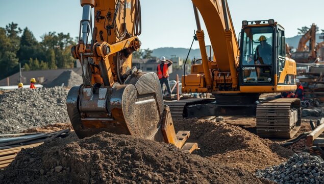 Big excavator on-site. Zoomed-in view of bucket with boom out. Equipment rental for construction. Soil work in building.