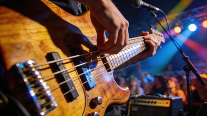 Obraz premium Close-up of a male musician playing bass guitar under vibrant stage lights at a live concert, highlighting music and performance.