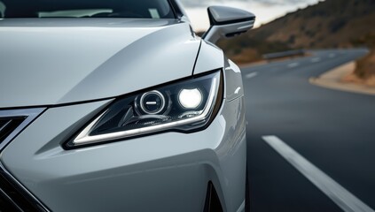 Fototapeta premium Close-up of a white car's headlight, cropped image related to car production and sales.
