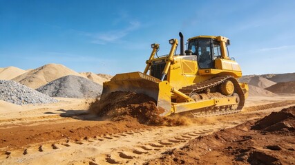 Obraz premium A big yellow bulldozer is moving across a sandy region. The soil is brown and the sky is clear.