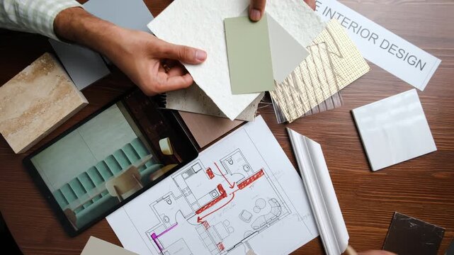 Budget home makeover planning with interior designer and client selecting materials
