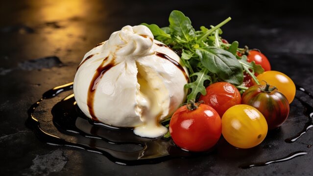 Burrata accompanied by tomatoes, greens, and balsamic vinegar on a dark concrete surface. Italian starter or salad. Side perspective.