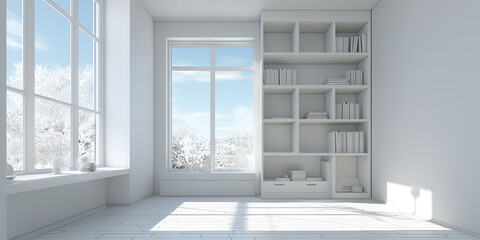 Fototapeta premium A bright, minimalist interior with large windows, showcasing a winter landscape and built-in bookshelves. Natural light floods the space