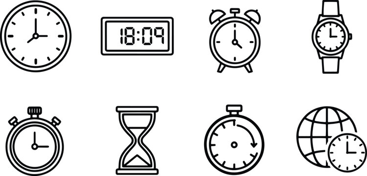 A set of vector line art silhouettes featuring various timekeeping devices and clocks in a simple design