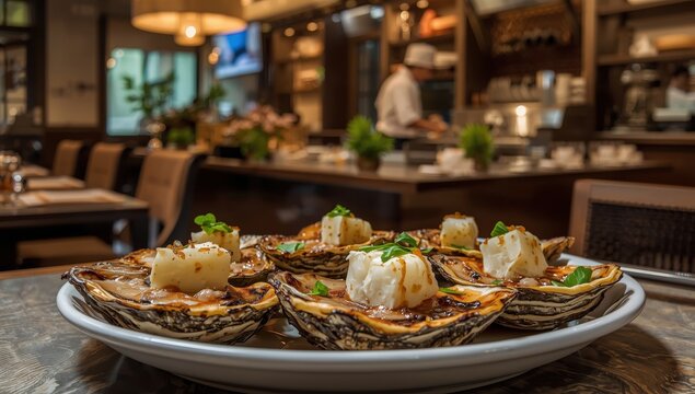 Chargrilled oysters topped with cheese, a popular Vietnamese seafood dish, enjoyed as street food or in upscale settings. The oysters are succulent and flavorful.