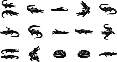 Obraz premium Crocodile Silhouette Pose Set with Top View, Side Profiles, Curled Reptile Shapes, Swamp Wildlife Icons, and Black Vector Illustrations