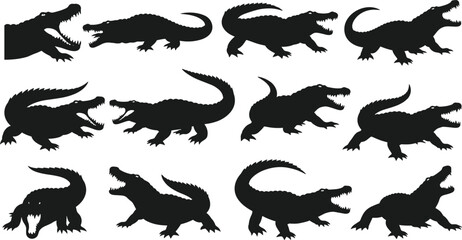 Obraz premium Crocodile Silhouette Set with Aggressive Reptile Poses, Open Jaws, Swamp Predator Shapes, and Black Wildlife Vector Illustrations