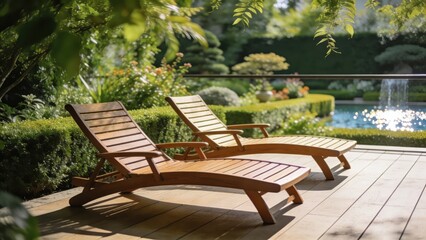 Obraz premium patio featuring wooden loungers in a lush, tranquil garden