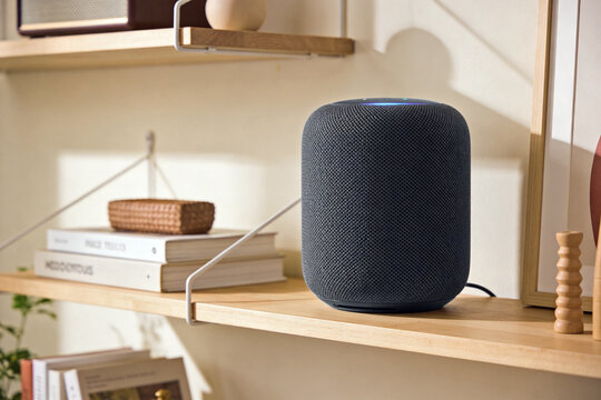 smart speaker on modern living room shelf voice assistant device