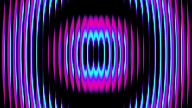 Colorful futuristic neon circles through textured glass. Luminous rings slowly rotating and distorted by ribbed glass for creative projects, digital