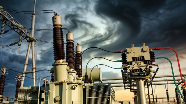 Partial view of electrical substation equipment against a cloudy sky, featuring fuel and power distribution grid service repairs in an abstract engineering context, no people.