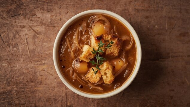 Traditional French onion soup topped with cheesy croutons and fresh thyme. Aerial view.