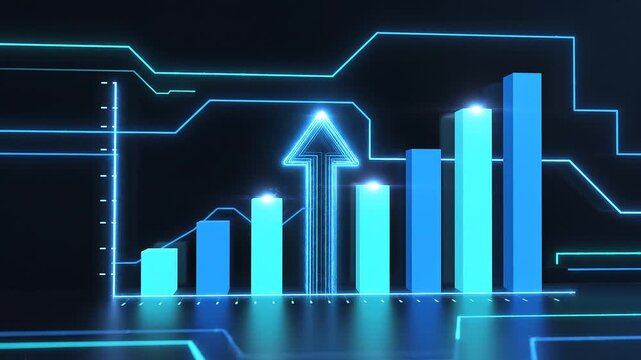 Abstract Business Growth Animation with Rising Arrow and Bars, Glitch Effects, No Text, 4K