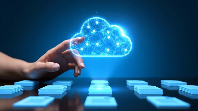 A human hand touches a glowing blue abstract digital cloud network over rows of server modules against a dark blue background, representing data storage and connectivity.