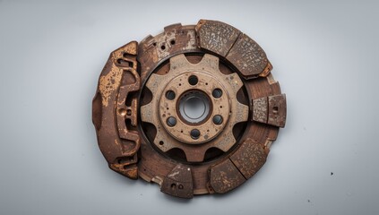 Fototapeta premium Worn brake components on a light gray surface. Close-up. Auto parts. Aerial perspective.