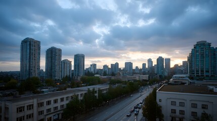 Obraz premium Modern urban cityscape at dusk with dramatic cloudy sky and high rise buildings