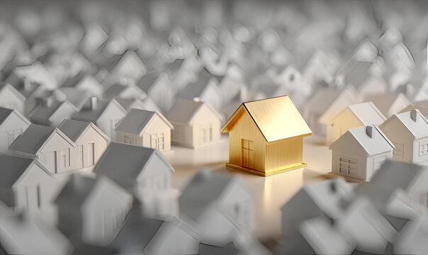 An eye-level, slightly blurred image of miniature houses, with one gold-colored house central, standing out among grayscale replicas