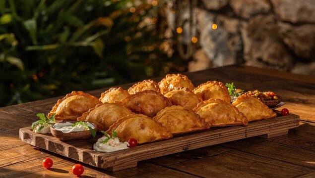 Warm bite-sized snacks with a rustic look. Close-up of gourmet crispy meat empanadas outside.
