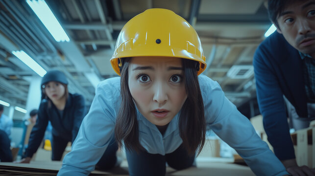オフィスのデスク下でヘルメットを着用し地震に備える日本の会社員の防災訓練 生成AI