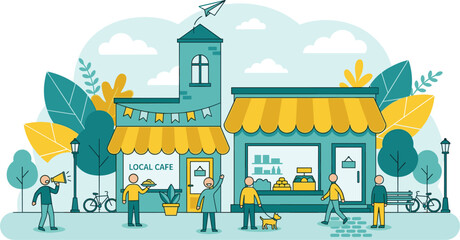 Obraz premium Vibrant flat vector illustration of a local cafe and small shop with people walking dogs and cycling.