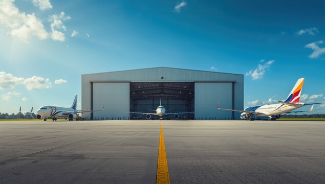 Aircraft hangar outside with runway and planes beneath a clear sky, set against an industrial building.