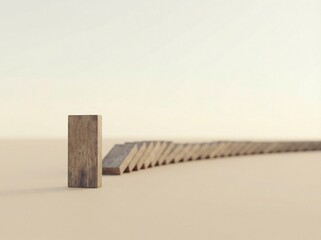 Obraz premium Single wooden domino standing tall while others fall represents leadership and stability