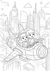 Fototapeta premium Children of the future riding flying vehicles coloring page