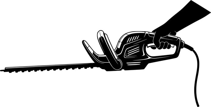 Electric hedge trimmer vector illustration, black garden power tool silhouette, handheld trimming equipment design for landscaping, gardening, outdoor maintenance graphics