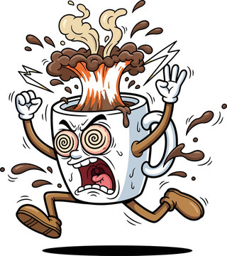 Angry coffee cup cartoon character exploding with steam and splashes running away frantically