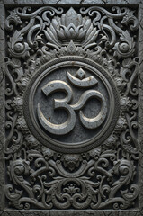 Obraz premium Ancient Om Symbol Carved on Sacred Stone Tablet – Old Indian Spiritual Relief Art