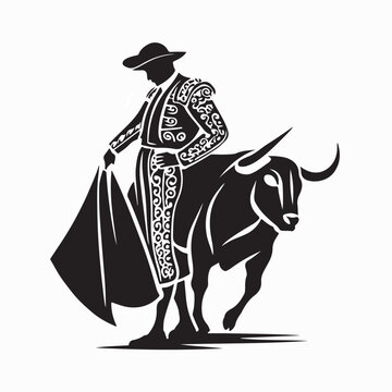 Brave Spanish Matador Silhouette in Traditional Costume with Cape Vector Illustration.