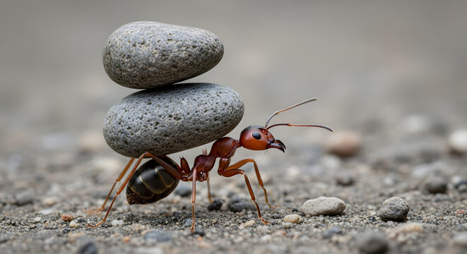 Balanced stones with ant carrying food, teamwork concept, minimal zen harmony, motivation and discipline symbol, success and persistence idea