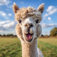 Fototapeta premium Furry alpaca shows pink tongue and teeth with mouth open wide