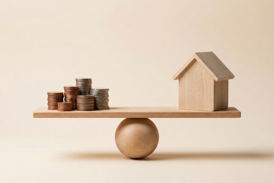 Wooden house model and stacks of coins balancing on a scale