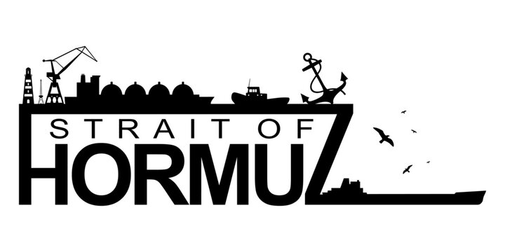 Silhouette of a cargo ships and seaport constructions. Strait of Hormuz text with shipping relative icons.