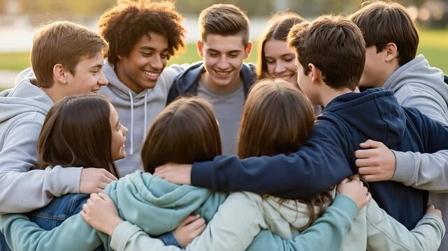 Multiethnic group of teenagers hugging in a circle for a peer support group meeting outdoors