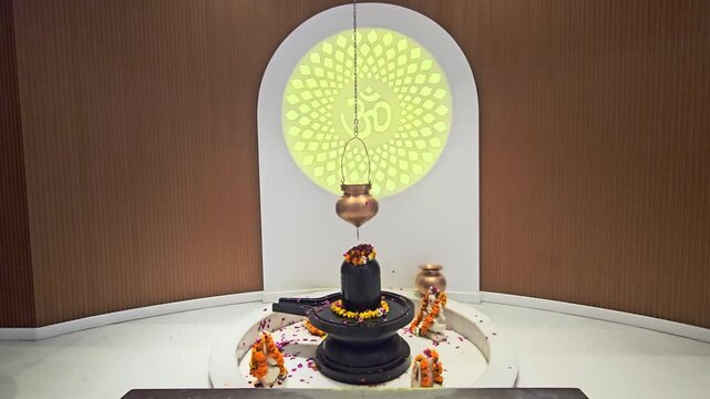 Sacred Shivling decorated with flowers inside Char Dham Temple in Vrindavan, India. The scene captures a peaceful spiritual atmosphere with traditional Hindu worship elements and temple interior
