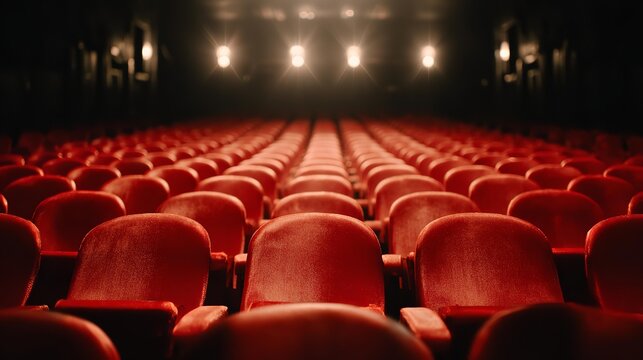 Empty red seats cinema rows seats. Movie night concept. Movie theatre experience.