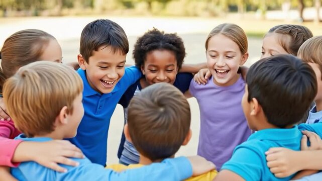 Diverse elementary school children in a huddle for social emotional learning and inclusive teamwork