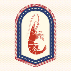 Shrimp badge, retro vintage seafood emblem in stitched patch style for seafood restaurant logo, branding and packaging. Vector. © sivvector